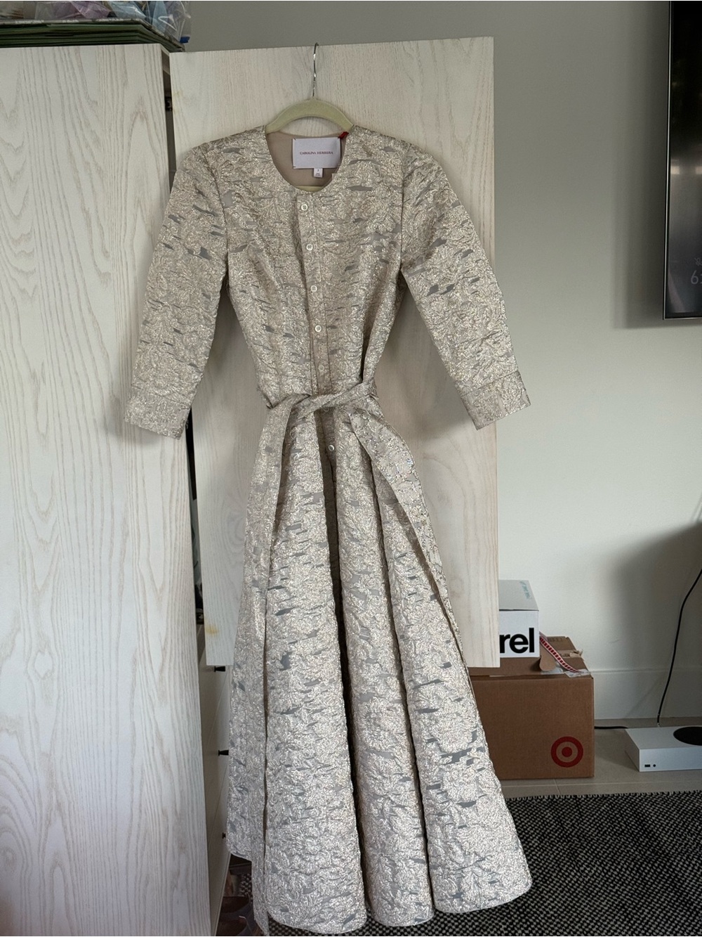 Carolina Herrera Metallic Beige Self Tie Maxi Dress